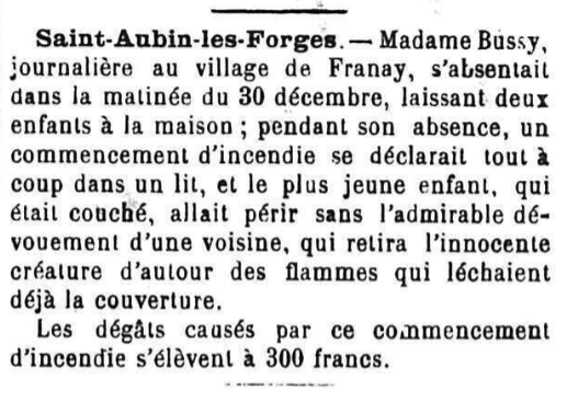 Saint-Aubin-Les-Forges Bussy madame Le Courrier de la Nièvre 4 Janvier 1883