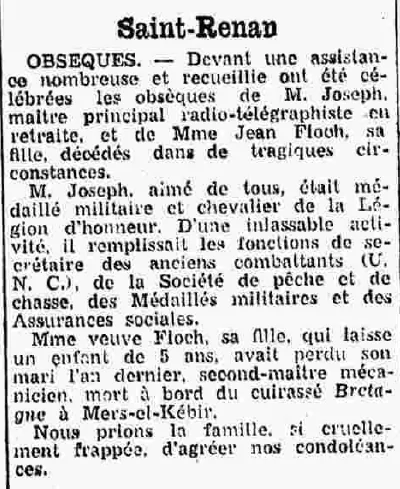 Saint Renan obsèques Joseph Floch Le Courrier du Finistère 10 Janvier 1942