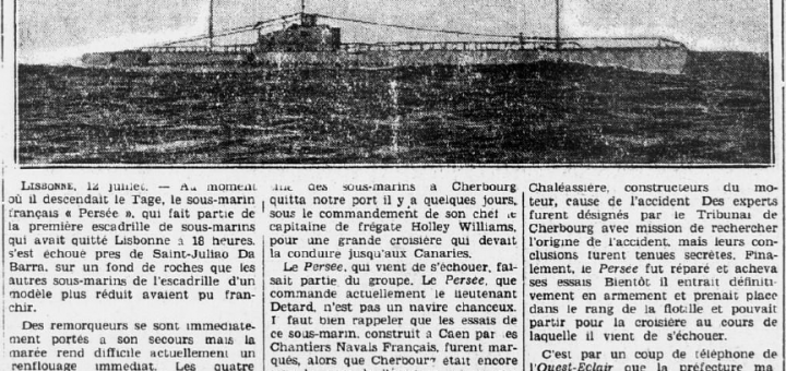 Sous-marin Persée échoué dans le Tage Ouest Eclair 13 juillet 1934