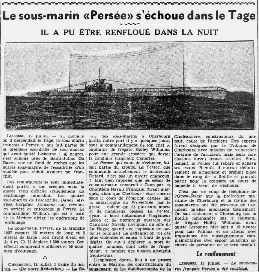 Sous-marin Persée échoué dans le Tage Ouest Eclair 13 juillet 1934