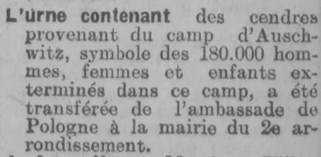 Urne cendres camp Auschwitz Paris 2e Echo du centre 1 Juin 1946