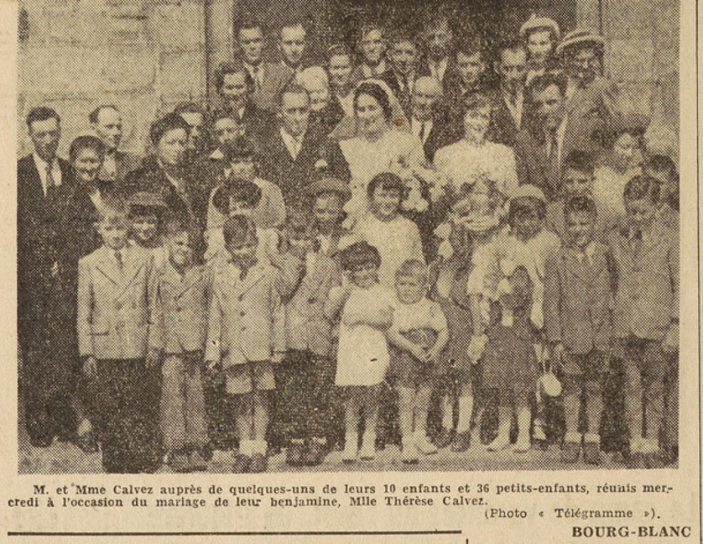 Bourg-Blanc Mariage Calvez Thérèse Le Télégramme de Brest 22 août 1952