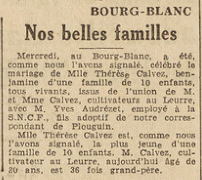 Bourg-Blanc Mariage Calvez Thérèse avec Audrézet Yves Le Télégramme de Brest 22 août 1952