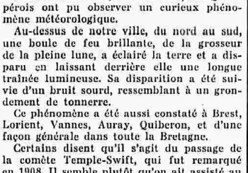 Quimper un bolide dans le ciel Le Finistère 8 Octobre 1938