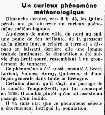 Quimper un bolide dans le ciel Le Finistère 8 Octobre 1938