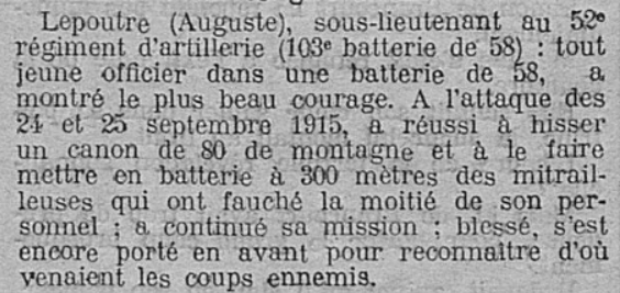 52e Régiment d'artillerie Lepoutre Auguste La Charente 1 Décembre 1915