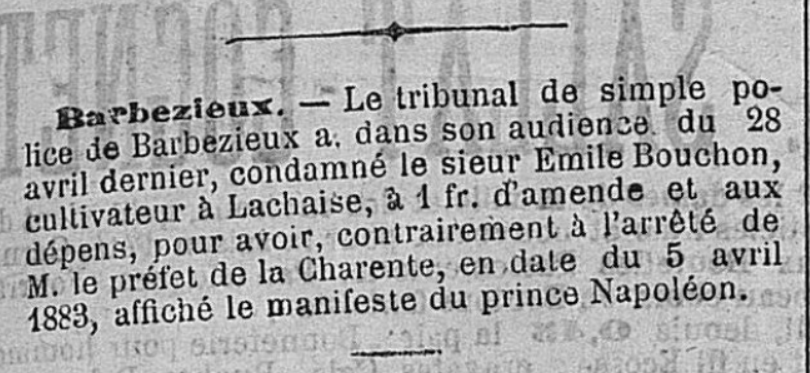 Barbezieux Bouchon Emile La Charente 5 Mai 1883