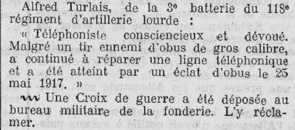 Alfred Turlais 118e Régiment d'artillerie lourde 1 Octobre 1917
