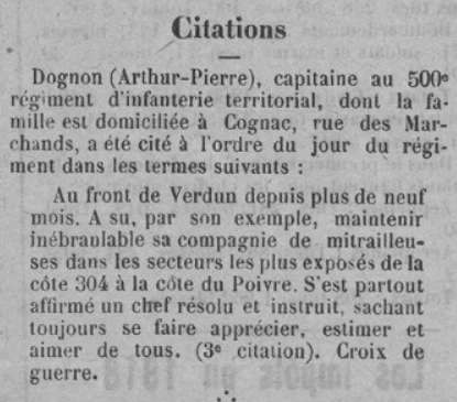 Dognon Arthur Pierre Ere Nouvelle des Charentes 10 Janvier 1919