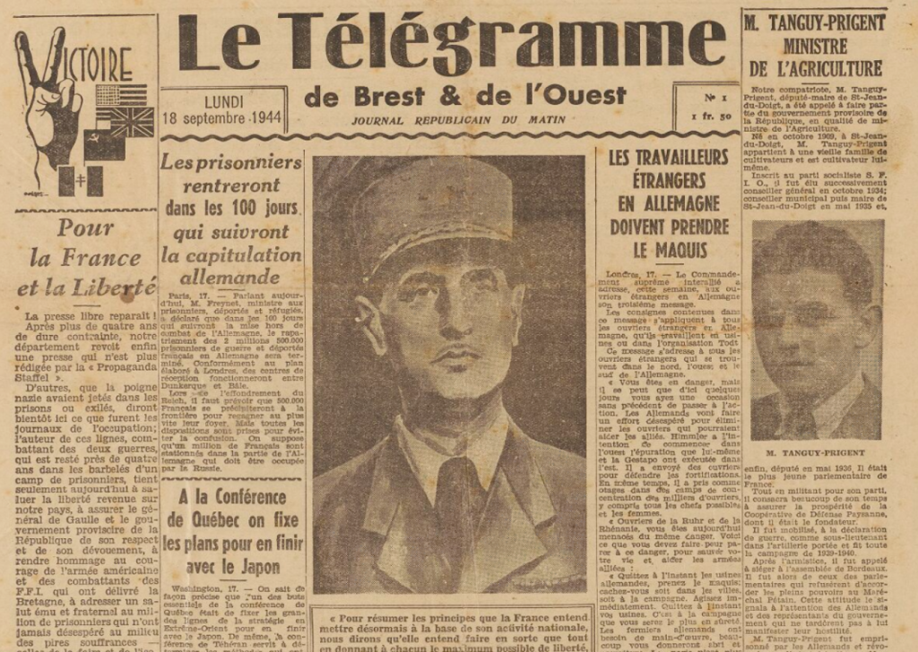 Le Télégramme 18 septembre 1944 général de gaulle