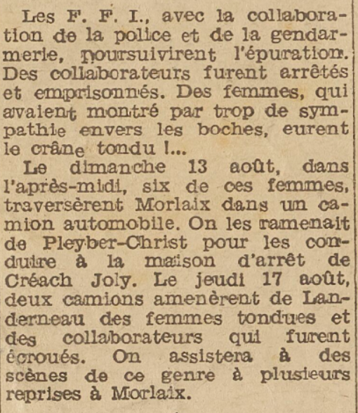 Morlaix F.F.I épuration des collaborateurs Le Télégramme 18 Septembre1944