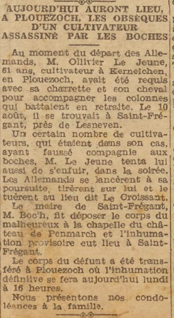Obsèques Ollivier Le jeune Plouezoch Le Télégramme 18 Septembre 1944