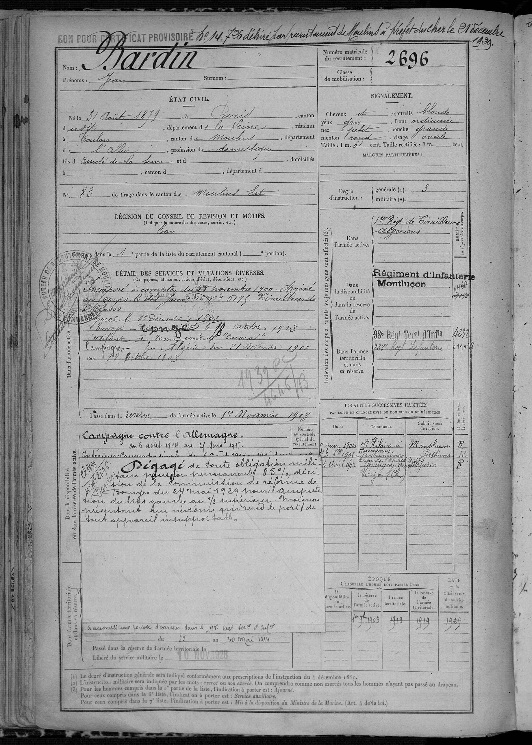 Bardin Jean fiche registre matricule