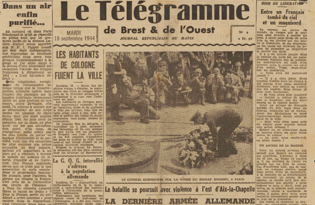 Eisenhower sur la tombe du soldat inconnu Paris Le Télégramme 19 Septembre 1944