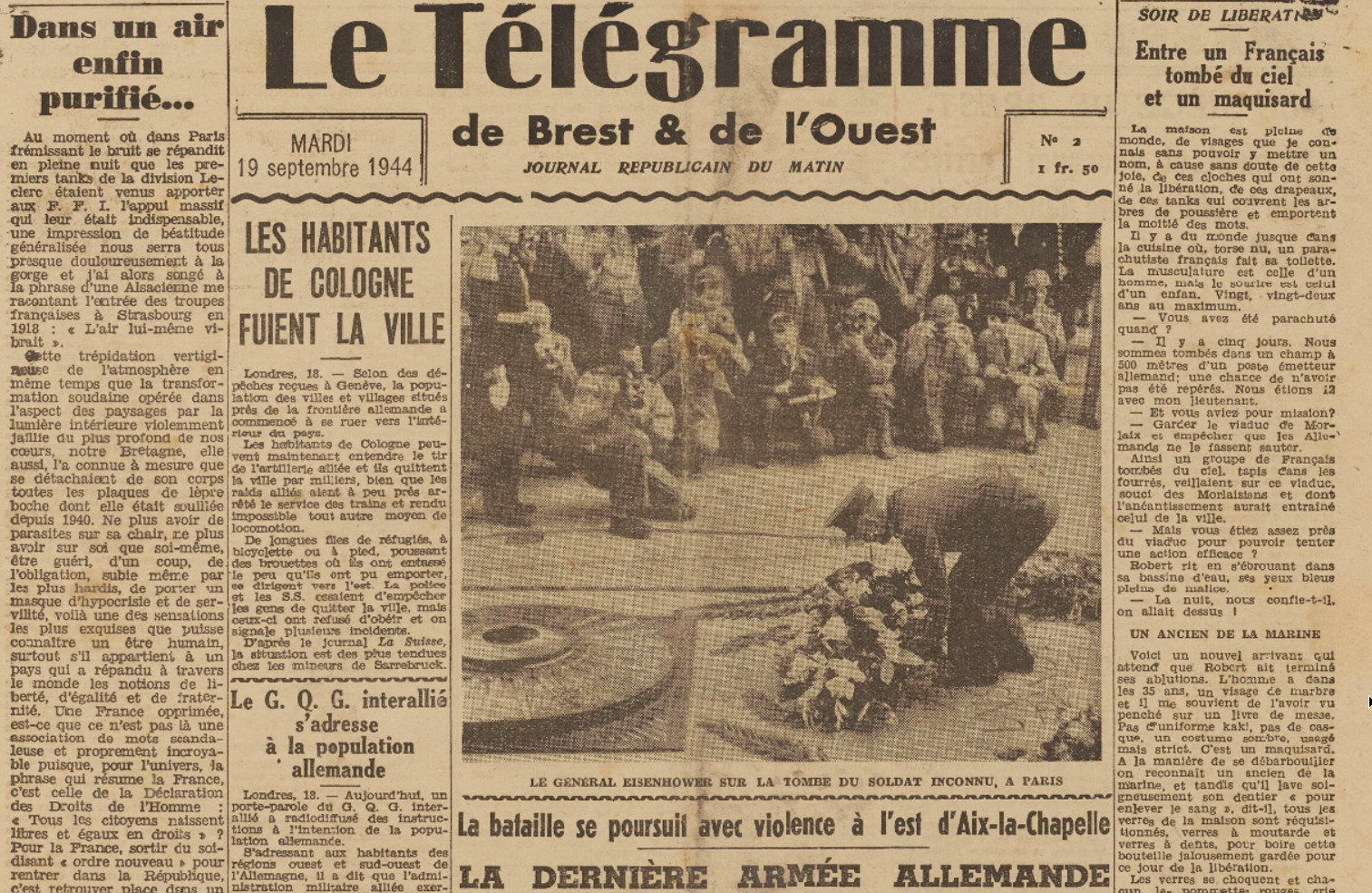 Archives du Télégramme Eisenhower sur la tombe du soldat inconnu 1944