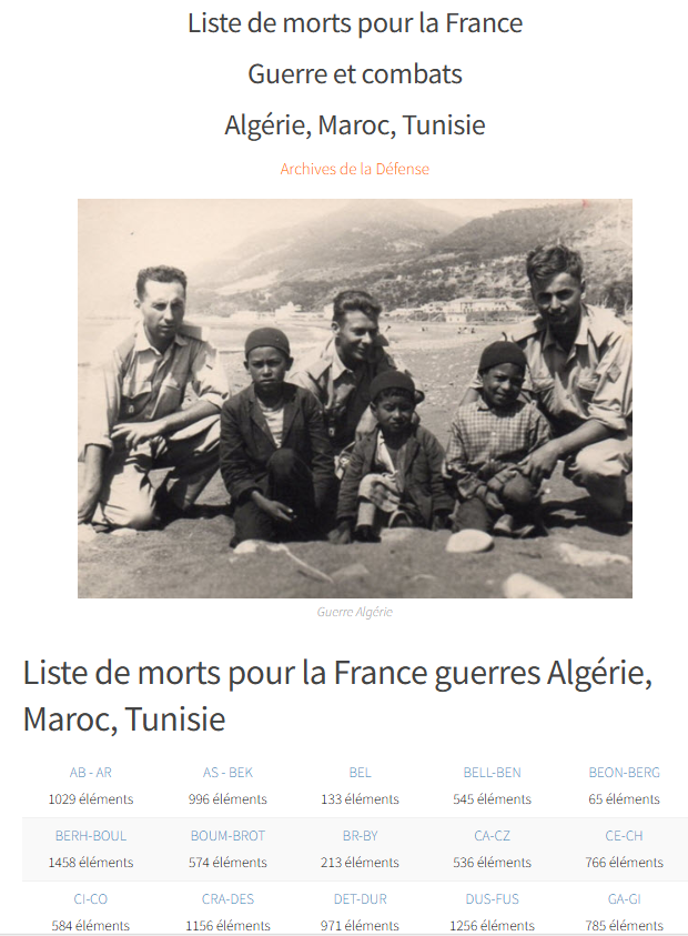 Liste de Morts pour la France guerre et combats Algérie Maroc Tunisie