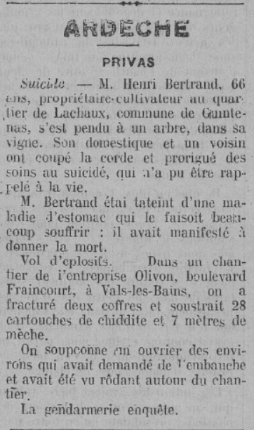 Privas Ardèche Henri Bertrand Le Télégramme des Pyrénées-Orientales 27 Mars 1929
