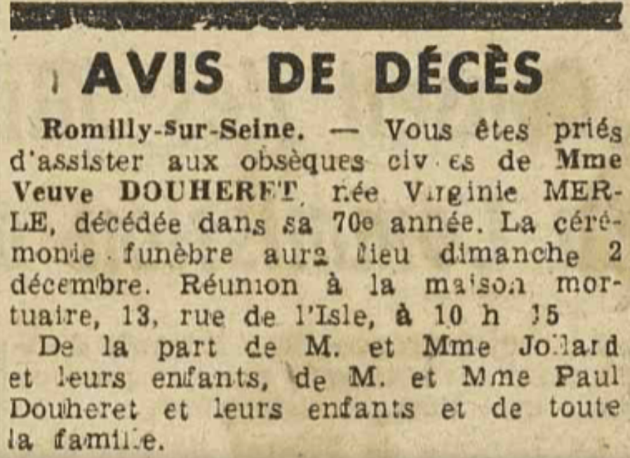 Romilly-Sur-Seine avis de décès Merle Virginie L’Est Eclair 1 Décembre 1945