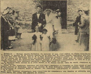 Romily Mariage Jacques Charles Barbichon Nelly L'Est Eclair 1 juillet 1954