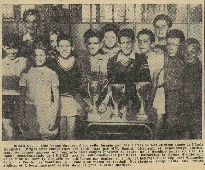 Romily groupe élèves sportifs école Gambetta L'Est Eclair 2 juillet 1954