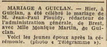 Guiclan article Plouidy Jean paul Martin Monique Le Télégramme 10 Décembre 1954