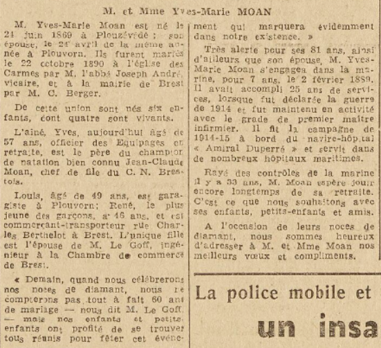 Moan Yves Marie Plouzévédé Le Télégramme de Brest du 22 Juin 1950