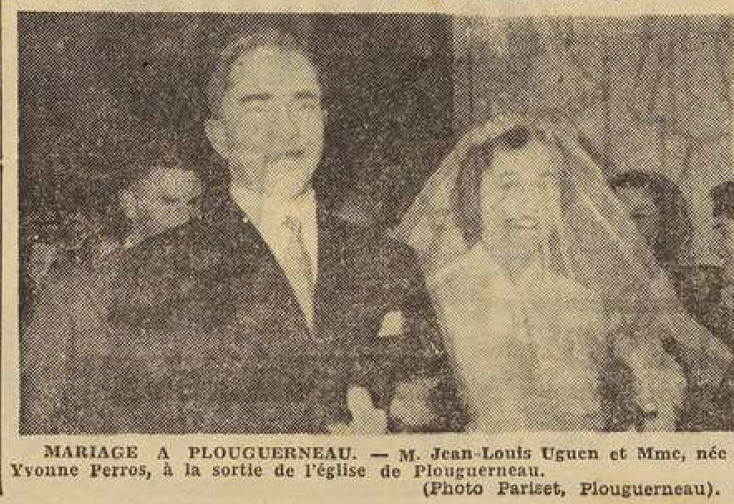 Plouguerneau Mariage Urguen Jean Louis Perros Yvonne Le Télégramme de Brest 10 Septembre 1955