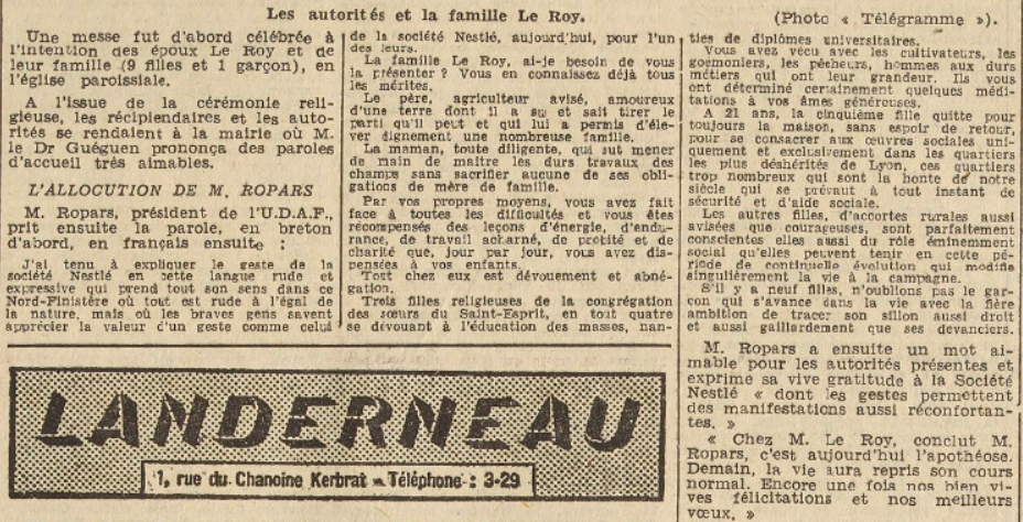 Plouguerneau article époux Jacques Le Roy Le Télégramme 10 Décembre 1954