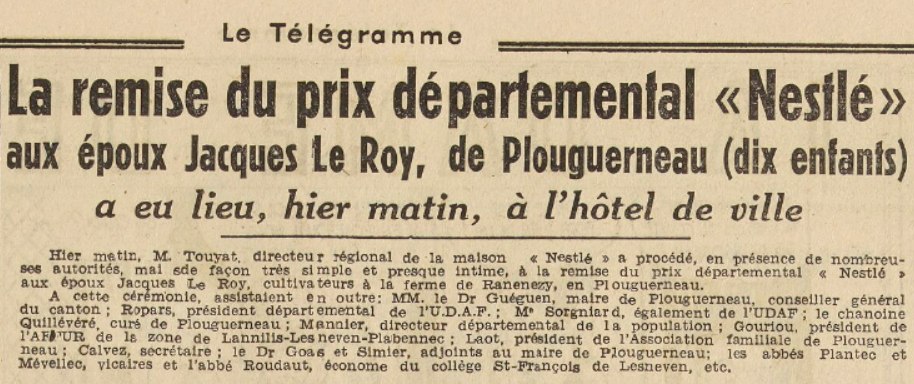 Plouguerneau époux Jacques Le Roy Le Télégramme 10 Décembre 1954