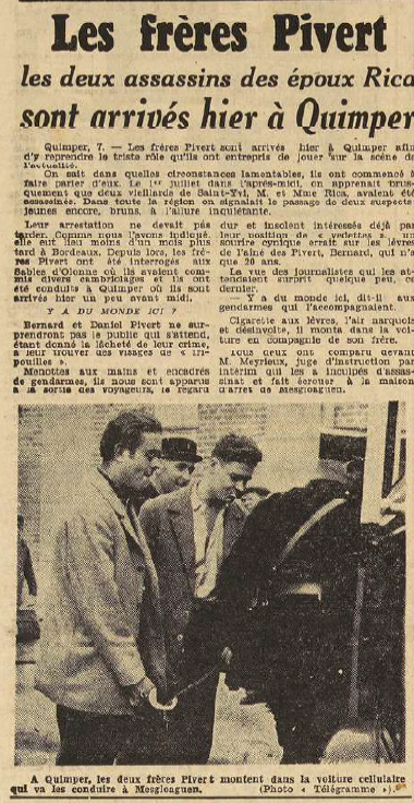 Frères Pivert assassins des époux Rica Le Télégramme de Brest 8 Septembre 1955