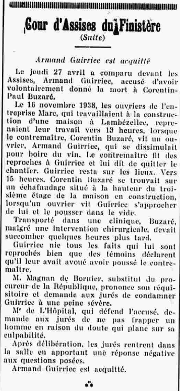 Guirriec Armand Lambézellec Cour d'Assises du Finistère Le Finistère 6 Mai 1939