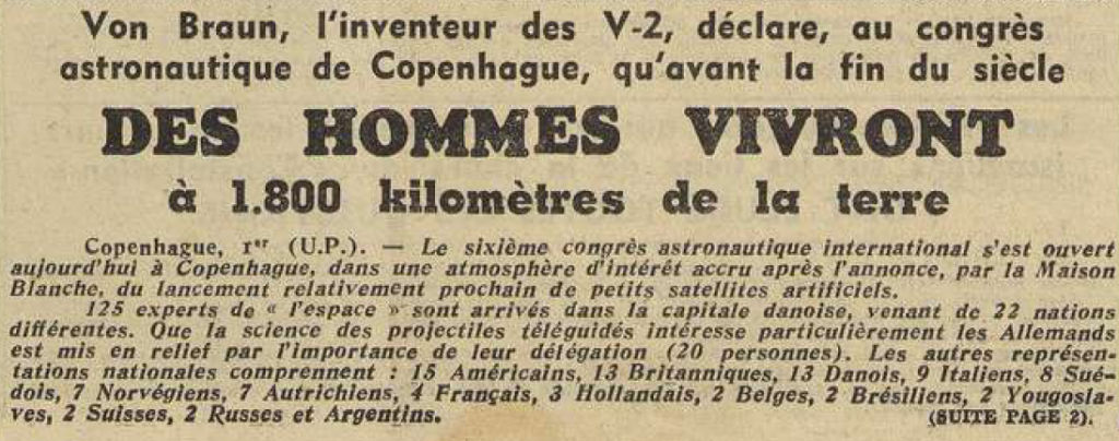 Homme mis en orbite terrestre propos de Werther Von Braun Le Télégramme de Brest et de l'Ouest 1 Août 1955