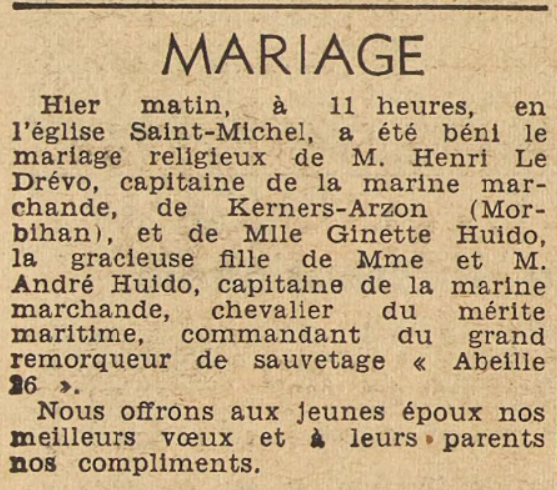 Mariage Le Drévo Henri Huido Ginette Kerners Arzon Le Télégramme 15 Juin 1955
