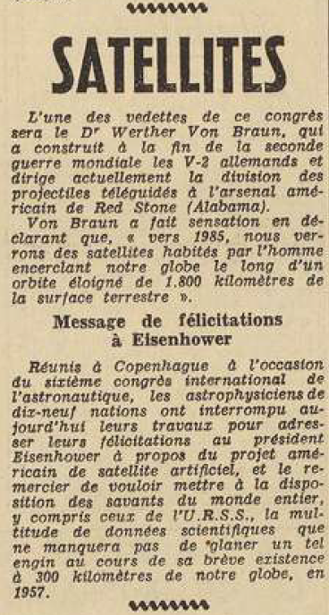 Propos de Werther Von Braun Le Télégramme de Brest et de l'Ouest 1 Août 1955