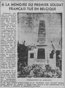 A la mémoire du premier soldat français tué en Belgique 23e dragons brigadier Sébald Le Journal de Rouen 13 juillet 1938