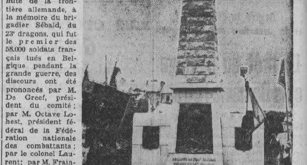 A la mémoire du premier soldat français tué en Belgique 23e dragons brigadier Sébald Le Journal de Rouen 13 juillet 1938