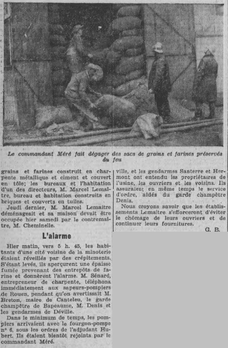Bapeaume Incendie à la Minoterie Lemaitre Frères Le Journal de Rouen 3 juillet 1938