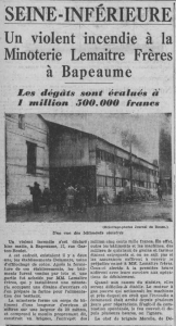 Bapeaume Violent incendie à la Minoterie Lemaitre Frères Le Journal de Rouen 3 juillet 1938