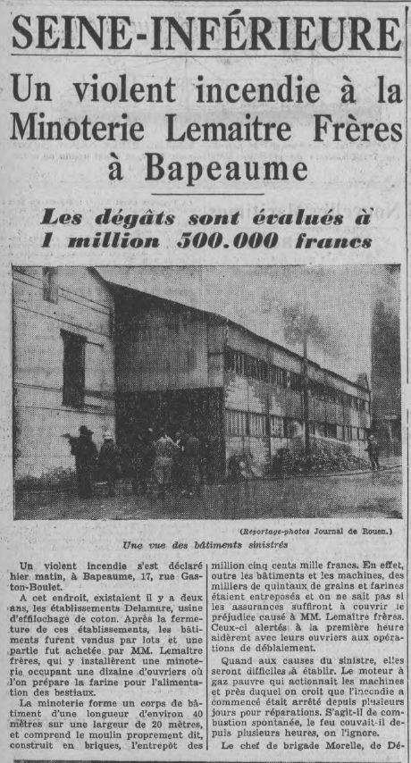 Bapeaume Violent incendie à la Minoterie Lemaitre Frères Le Journal de Rouen 3 juillet 1938