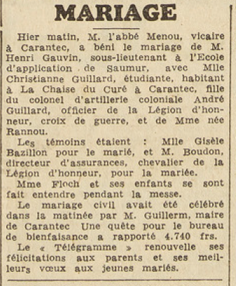 Carantec Mariage Gauvin Henri et Guillard Christianne Le Télégramme 28 août 1953