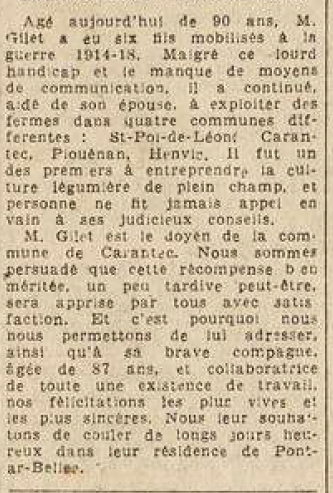 Carentec Gilet Jean Le Télégramme de Brest 2 Septembre 1950