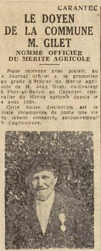 Carentec Gilet Jean doyen de la commune Le Télégramme de Brest 2 Septembre 1950