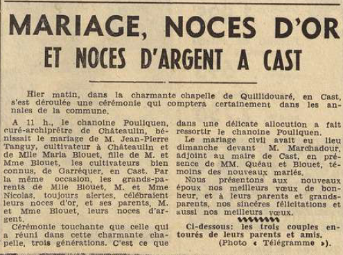 Cast Mariage Tanguy Jean-Pierre et Blouet Maria Le Télégramme de Brest 6 Septembre 1955