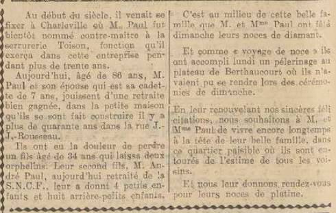 Charleville Noces de diamant Mr et Mme Paul Emile L'Ardennais 1 septembre 1954