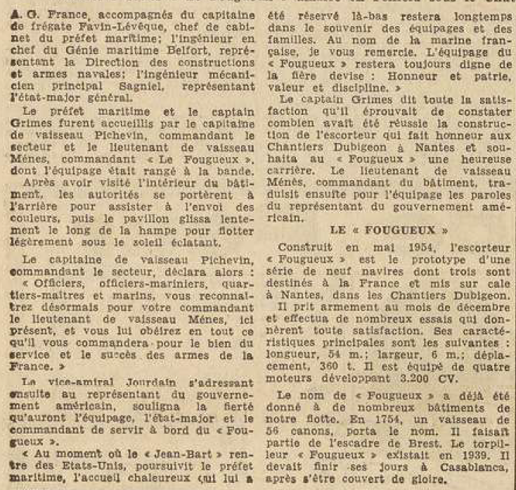 Escorteur côtier Le Fougueux à Brest article de presse Juillet 1955