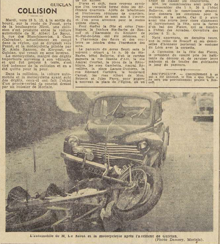 Guiclan Collision Le Saout Albert Rannou Alain Le Télégramme de Brest 22 juillet 1954