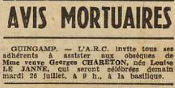 Guingamp avis mortuaire Le Janne Louise veuve Chareton Georges Le Télégramme 25 Juillet 1955