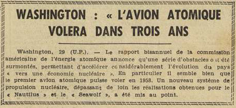 L'Avion Atomique volera dans trois ans Le Télégramme 30 Juillet 1955