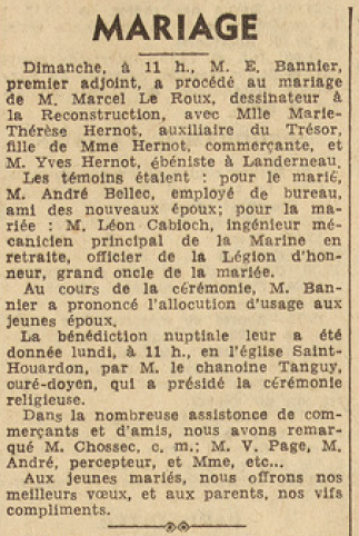 Landerneau mariage Le Roux Marcel Hernot Marie Thérèse Le Télégramme de Brest 9 Août 1955