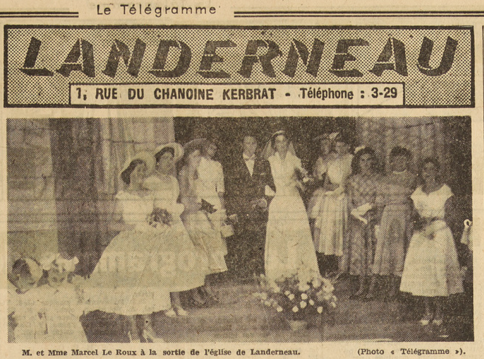 Landerneau mariage Marcel Le Roux Hernot Marie-Thérèse Le Télégramme de Brest 9 Août 1955